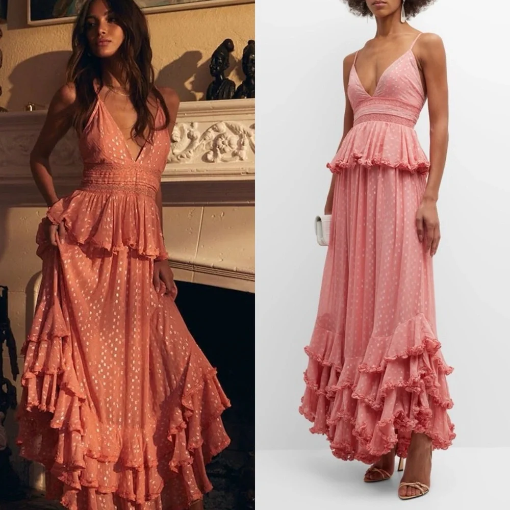 NWT Rococo Sand Aria Ruffle Metallic Maxi Dress Peach - Picture 3 of 10